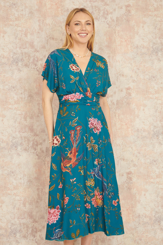 Yumi Teal Bird and Floral Print Ruched Waist Kimono Midi Dress - QHA UK