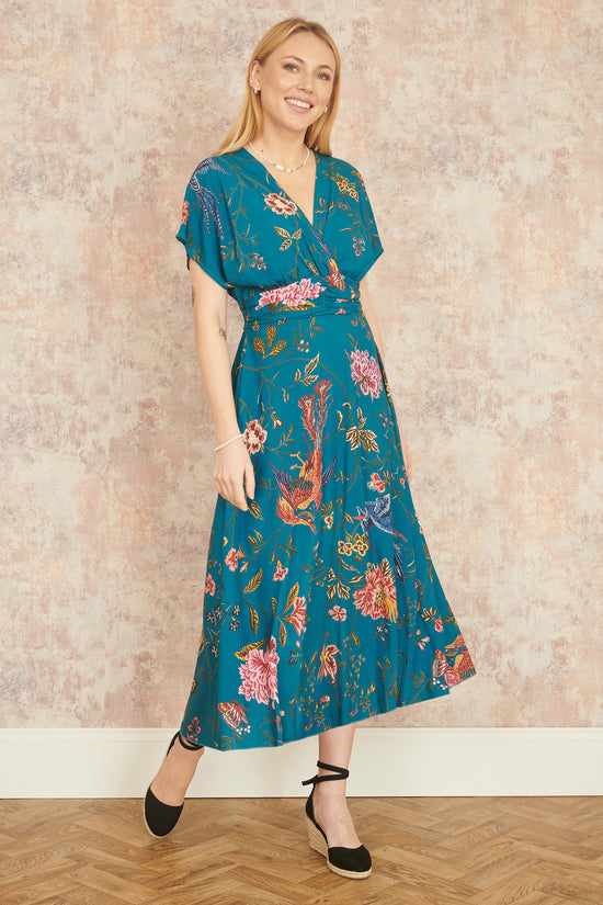 Yumi Teal Bird and Floral Print Ruched Waist Kimono Midi Dress - QHA UK