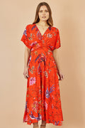 Yumi Orange Viscose Bird and Floral Print Kimono Midi Dress - QHA UK