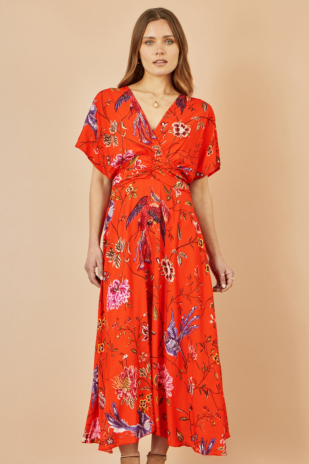 Yumi Orange Viscose Bird and Floral Print Kimono Midi Dress - QHA UK