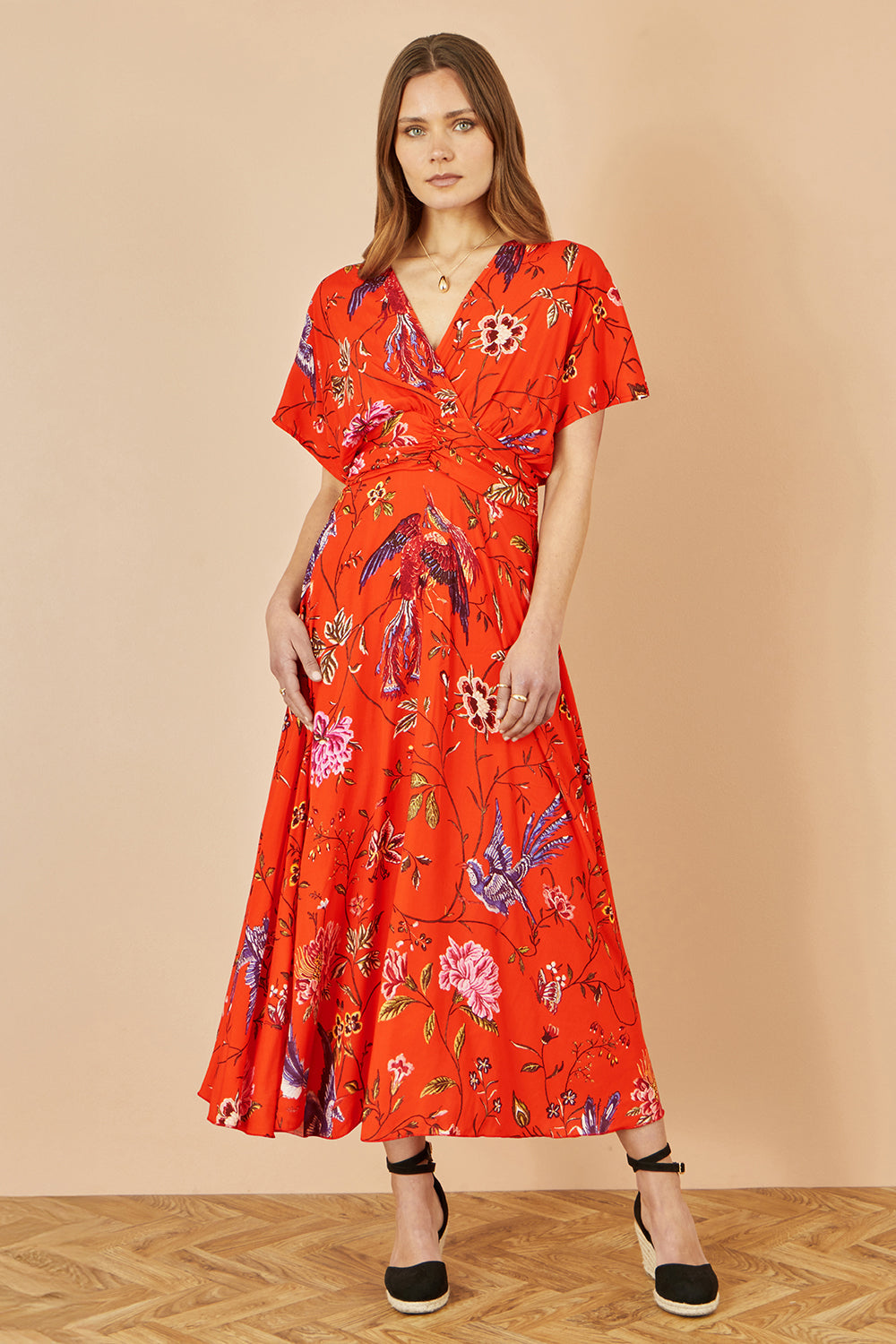 Yumi Orange Viscose Bird and Floral Print Kimono Midi Dress - QHA UK