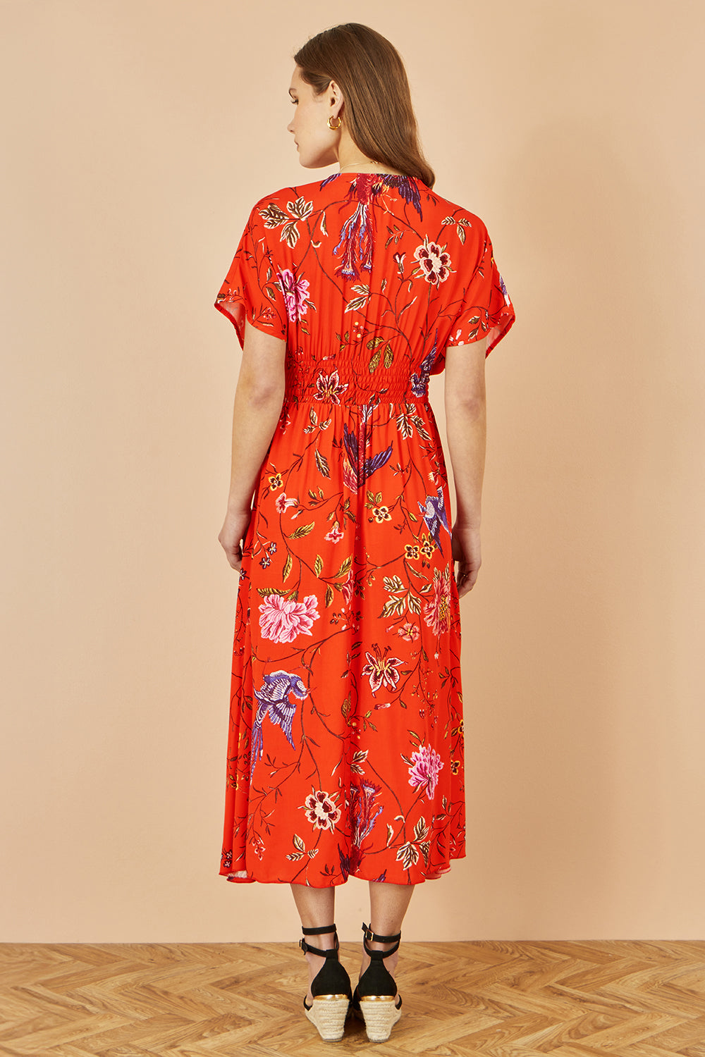 Yumi Orange Viscose Bird and Floral Print Kimono Midi Dress - QHA UK