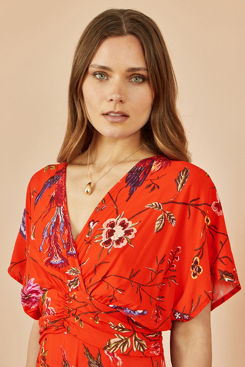 Yumi Orange Viscose Bird and Floral Print Kimono Midi Dress - QHA UK