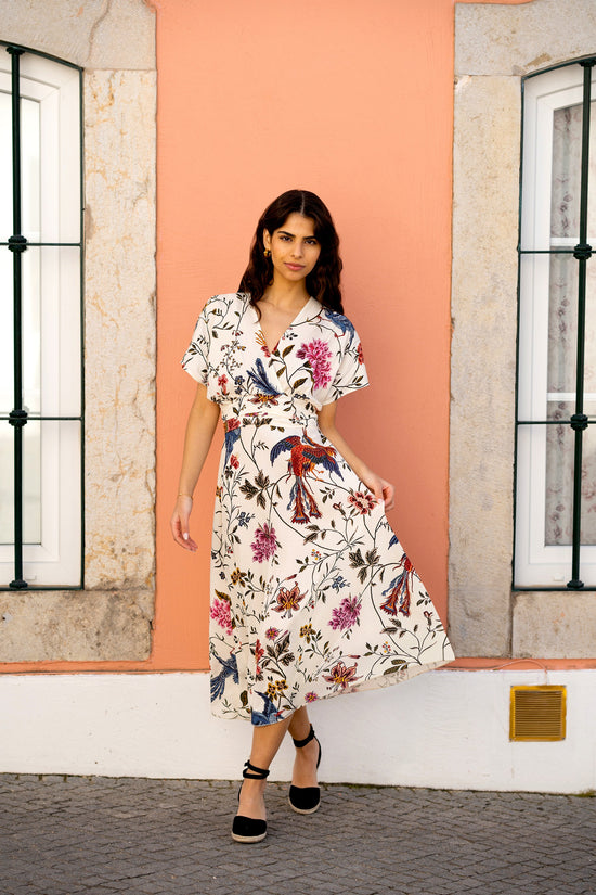 Yumi Ivory Bird and Floral Print Ruched Waist Kimono Midi Dress - QHA UK