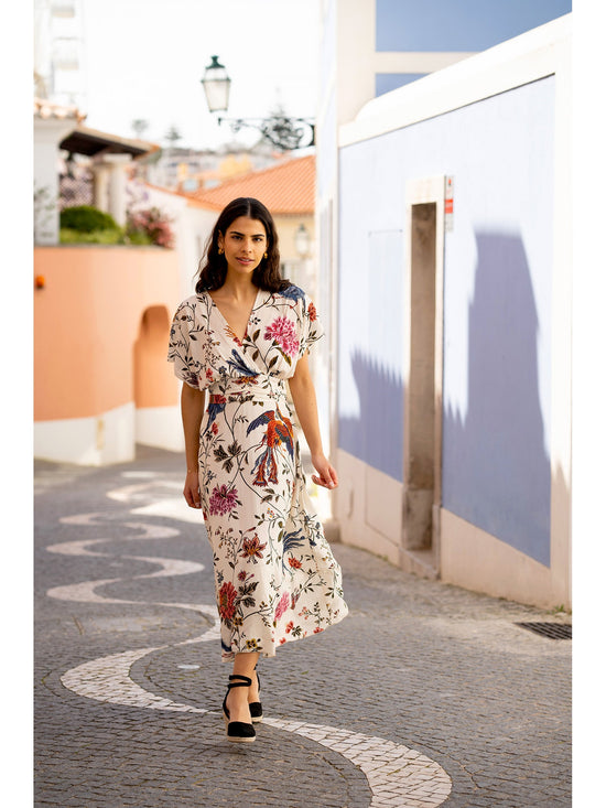 Yumi Ivory Bird and Floral Print Ruched Waist Kimono Midi Dress - QHA UK