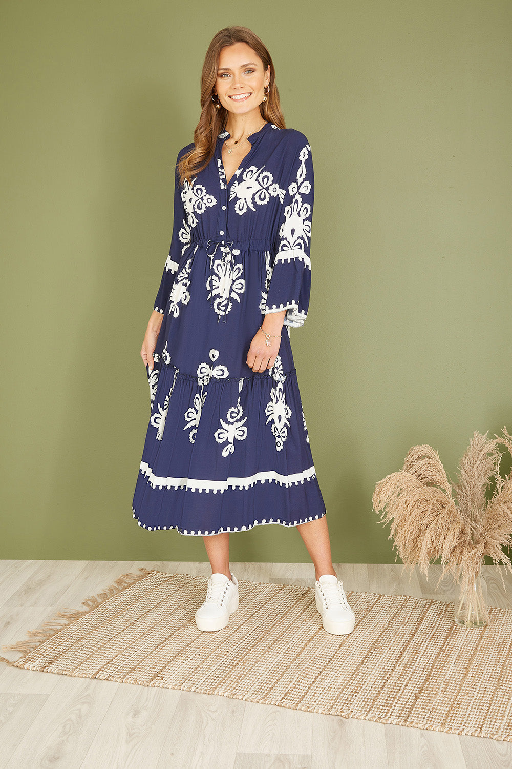 Yumi Navy Viscose Midi Dress With Long Sleeves - QHA UK