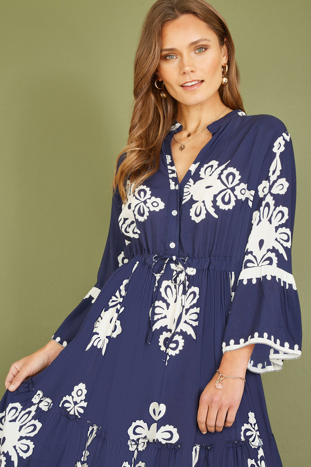 Yumi Navy Viscose Midi Dress With Long Sleeves - QHA UK