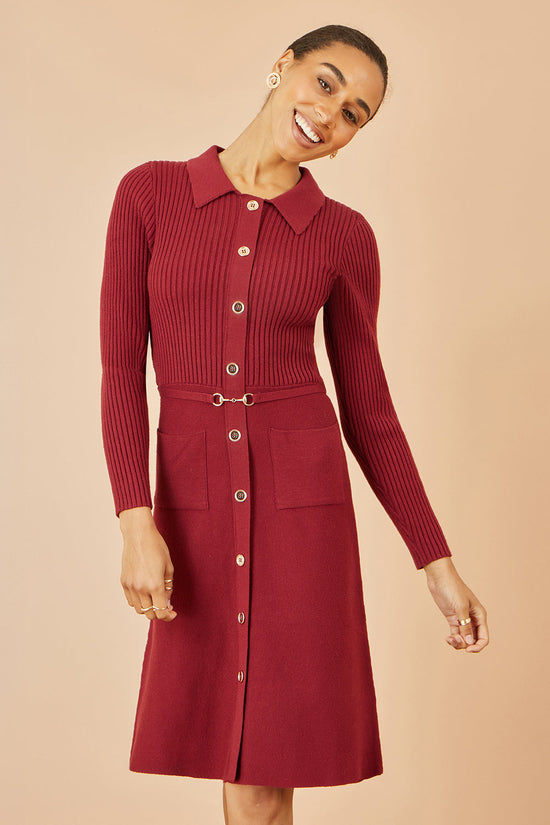 Yumi Burgundy Rib Knit Midi Shirt Dress With Snaffle Belt - QHA UK