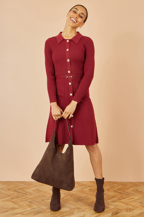 Yumi Burgundy Rib Knit Midi Shirt Dress With Snaffle Belt - QHA UK