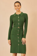 Yumi Green Rib Knit Midi Shirt Dress With Snaffle Belt - QHA UK