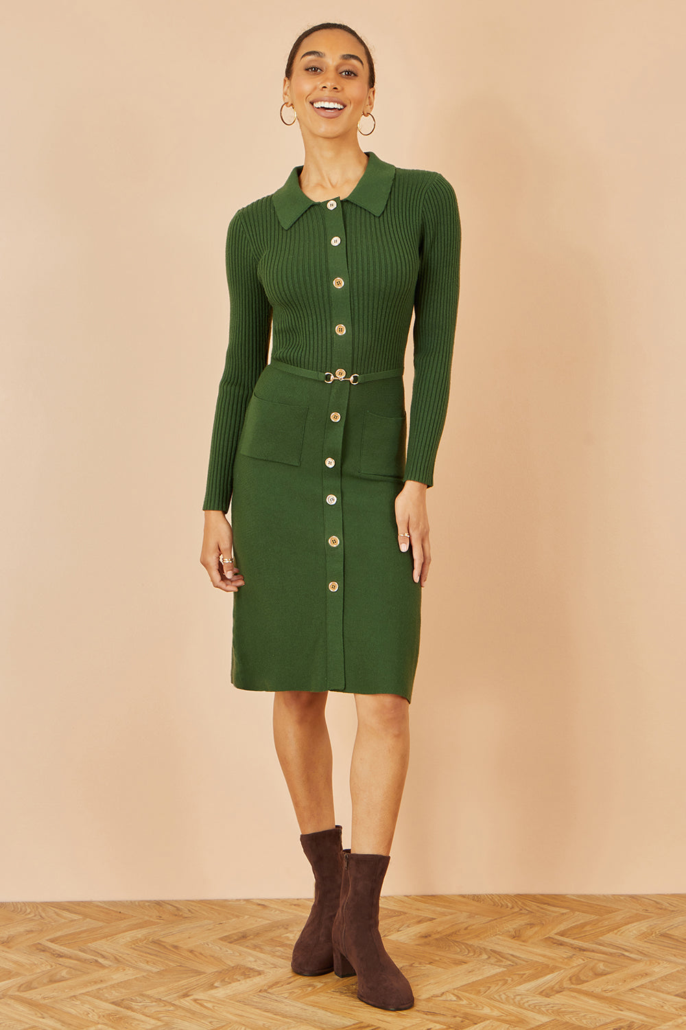Yumi Green Rib Knit Midi Shirt Dress With Snaffle Belt - QHA UK