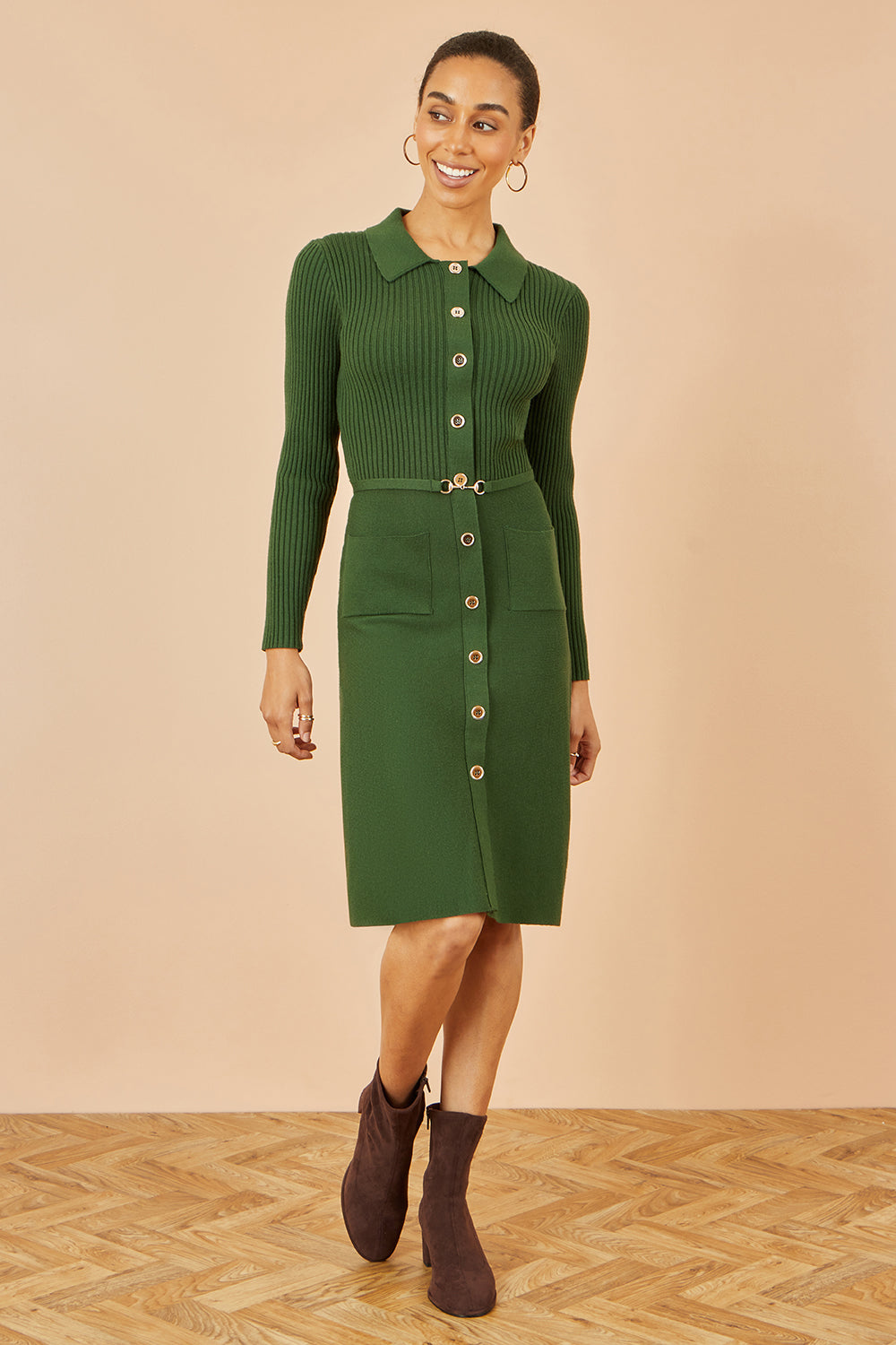 Yumi Green Rib Knit Midi Shirt Dress With Snaffle Belt - QHA UK