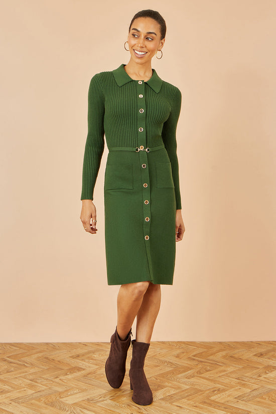 Yumi Green Rib Knit Midi Shirt Dress With Snaffle Belt - QHA UK