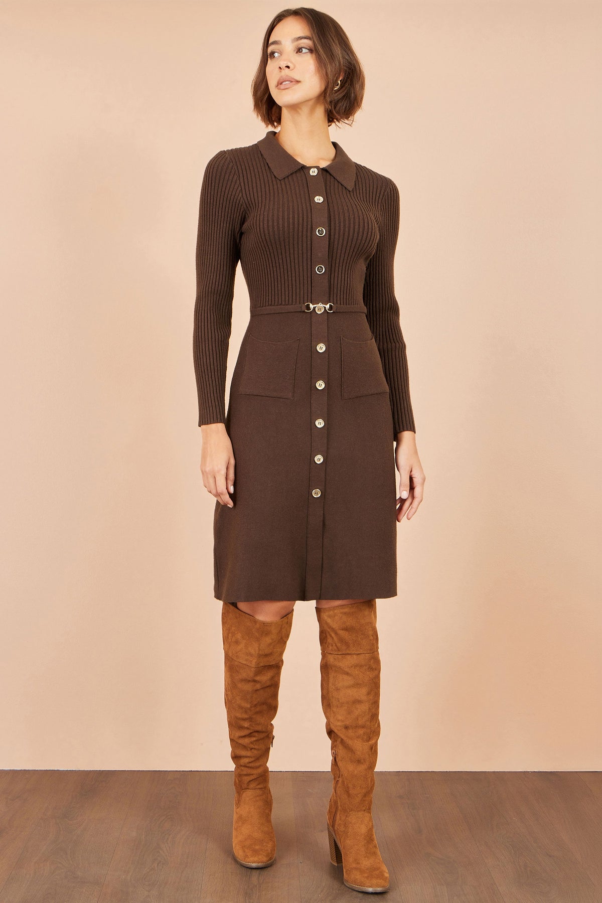 Yumi Women's Brown Rib Knit Midi Shirt Dress with Snaffle Belt and Pockets