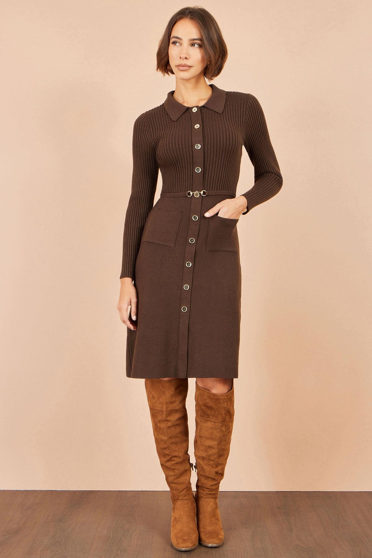 Yumi Women's Brown Rib Knit Midi Shirt Dress with Snaffle Belt and Pockets