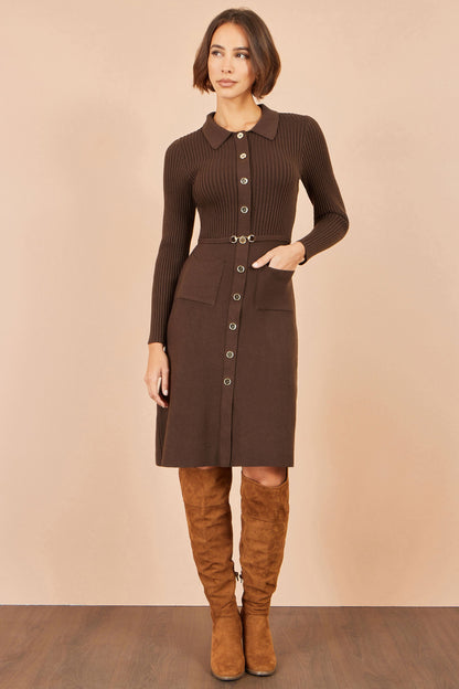 Yumi Women's Brown Rib Knit Midi Shirt Dress with Snaffle Belt and Pockets