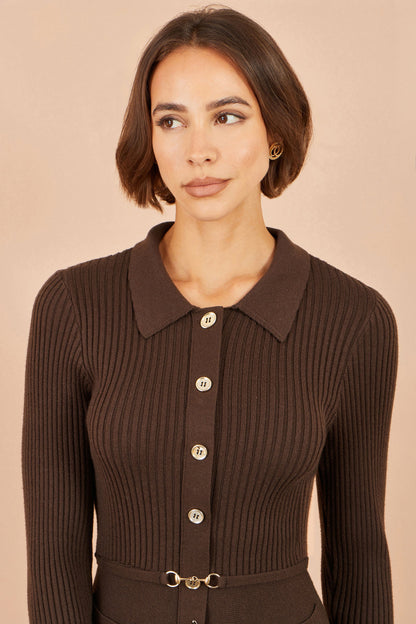 Yumi Women's Brown Rib Knit Midi Shirt Dress with Snaffle Belt and Pockets