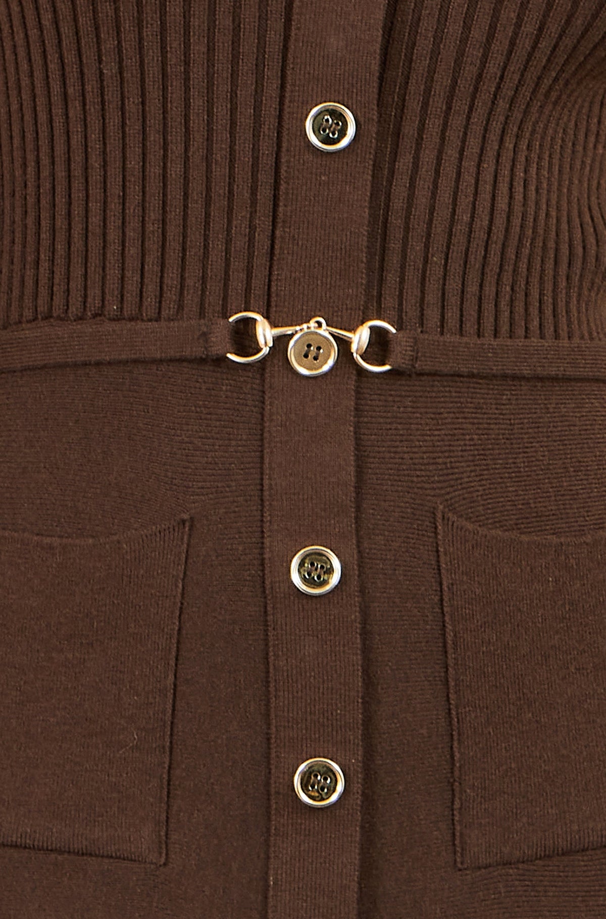 Yumi Women's Brown Rib Knit Midi Shirt Dress with Snaffle Belt and Pockets