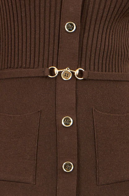 Yumi Women's Brown Rib Knit Midi Shirt Dress with Snaffle Belt and Pockets