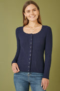 Yumi Navy Fitted Rib Button Up Cardigan - QHA UK