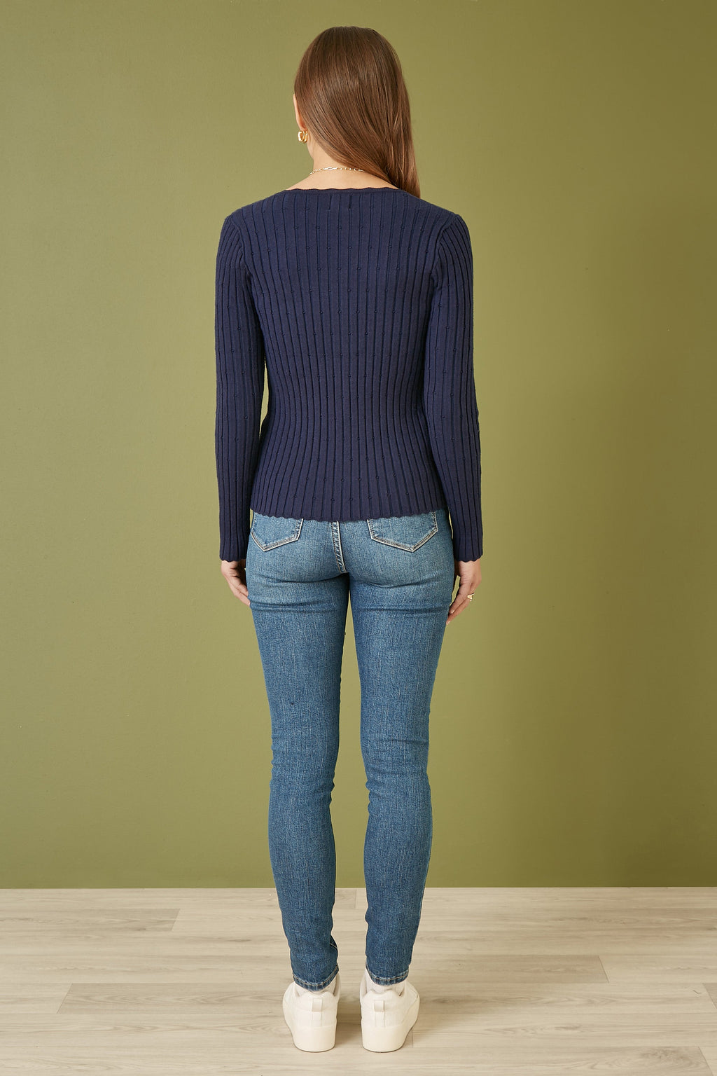 Yumi Navy Fitted Rib Button Up Cardigan - QHA UK
