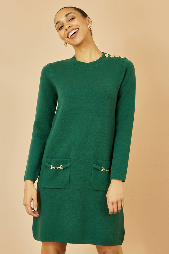 Yumi Green Knitted Tunic Dress With Gold Hardware Details - QHA UK