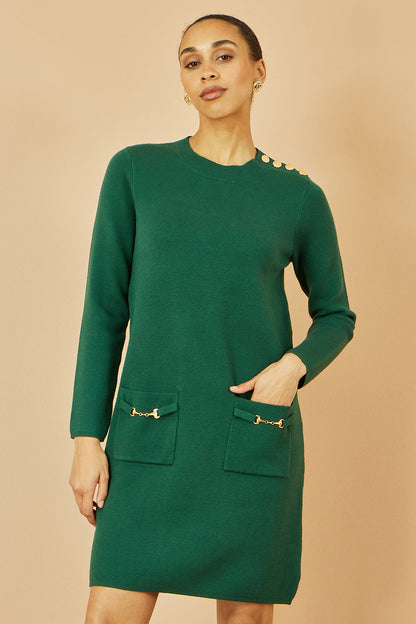 Yumi Green Knitted Tunic Dress With Gold Hardware Details - QHA UK