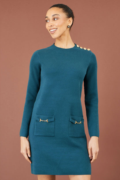 Yumi Women's Teal Knitted Tunic Dress with Gold Hardware and Pocket Details