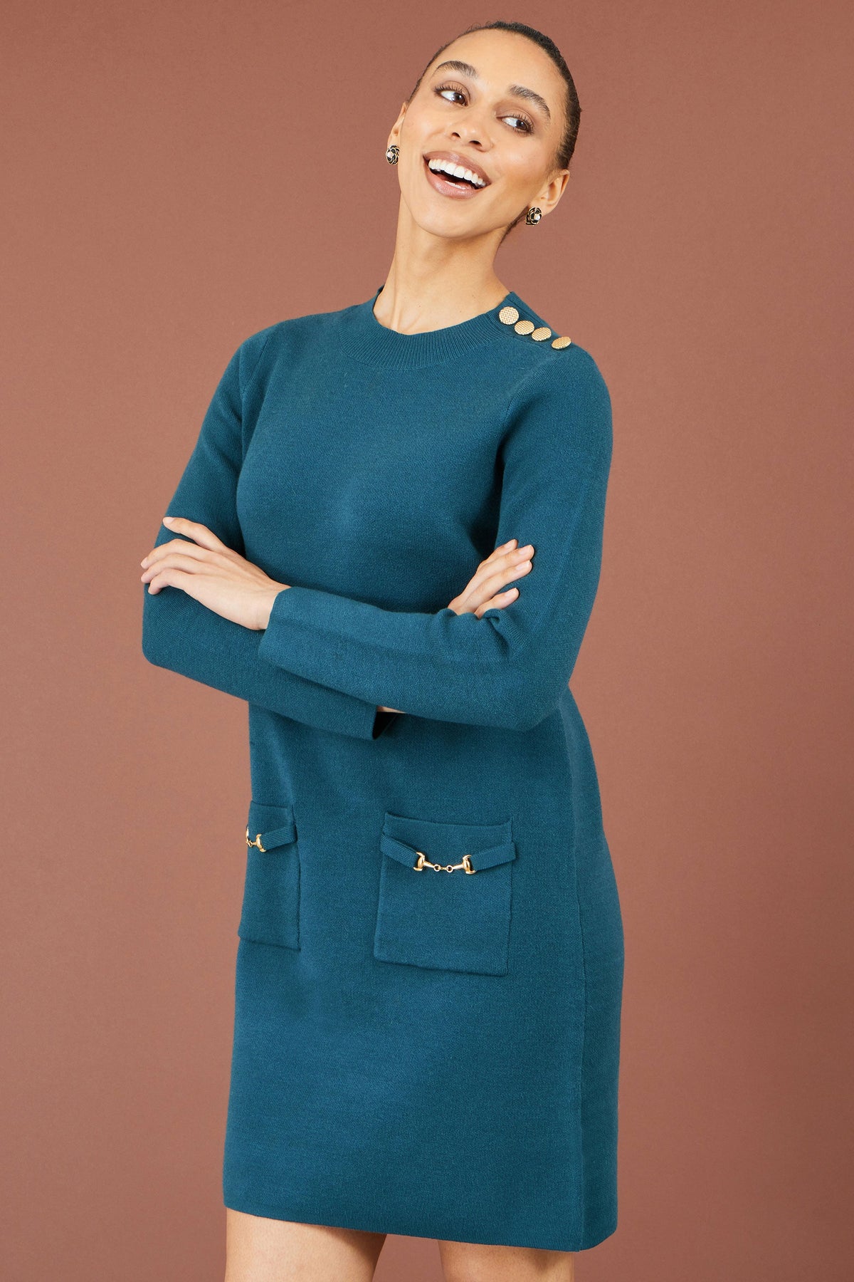 Yumi Women's Teal Knitted Tunic Dress with Gold Hardware and Pocket Details