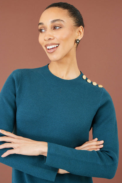Yumi Women's Teal Knitted Tunic Dress with Gold Hardware and Pocket Details