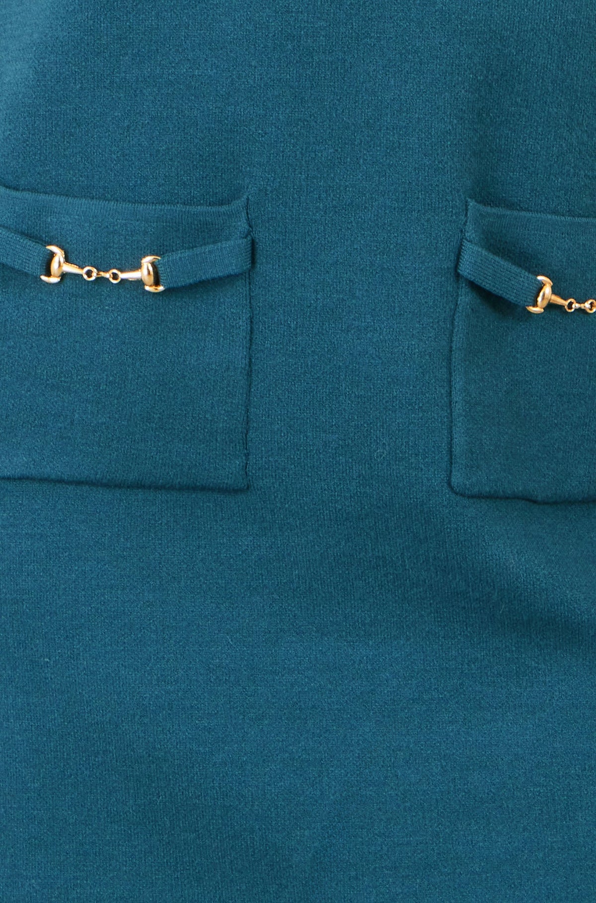 Yumi Women's Teal Knitted Tunic Dress with Gold Hardware and Pocket Details