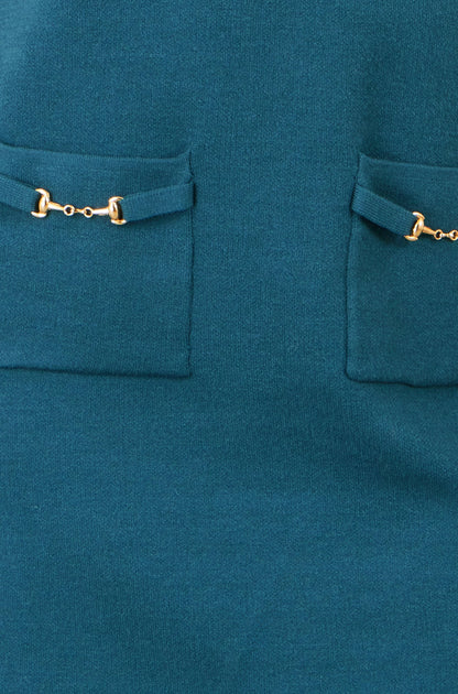 Yumi Women's Teal Knitted Tunic Dress with Gold Hardware and Pocket Details