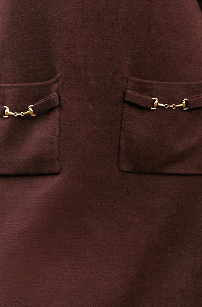 Yumi Women's Brown Relaxed Knitted Tunic Dress with Gold Hardware Details