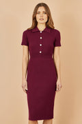 Yumi Burgundy Fitted Rib Knitted Midi Dress With Daisy Buttons - QHA UK