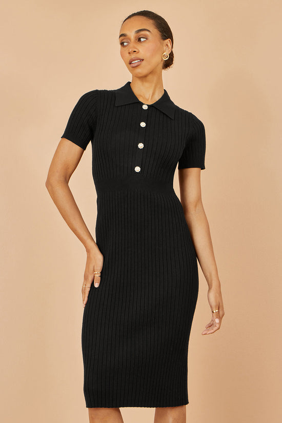 Yumi Black Fitted Rib Knitted Midi Dress With Daisy Buttons - QHA UK