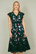 Yumi Green All Over Floral Embroidery Midi Skater Dress - QHA UK