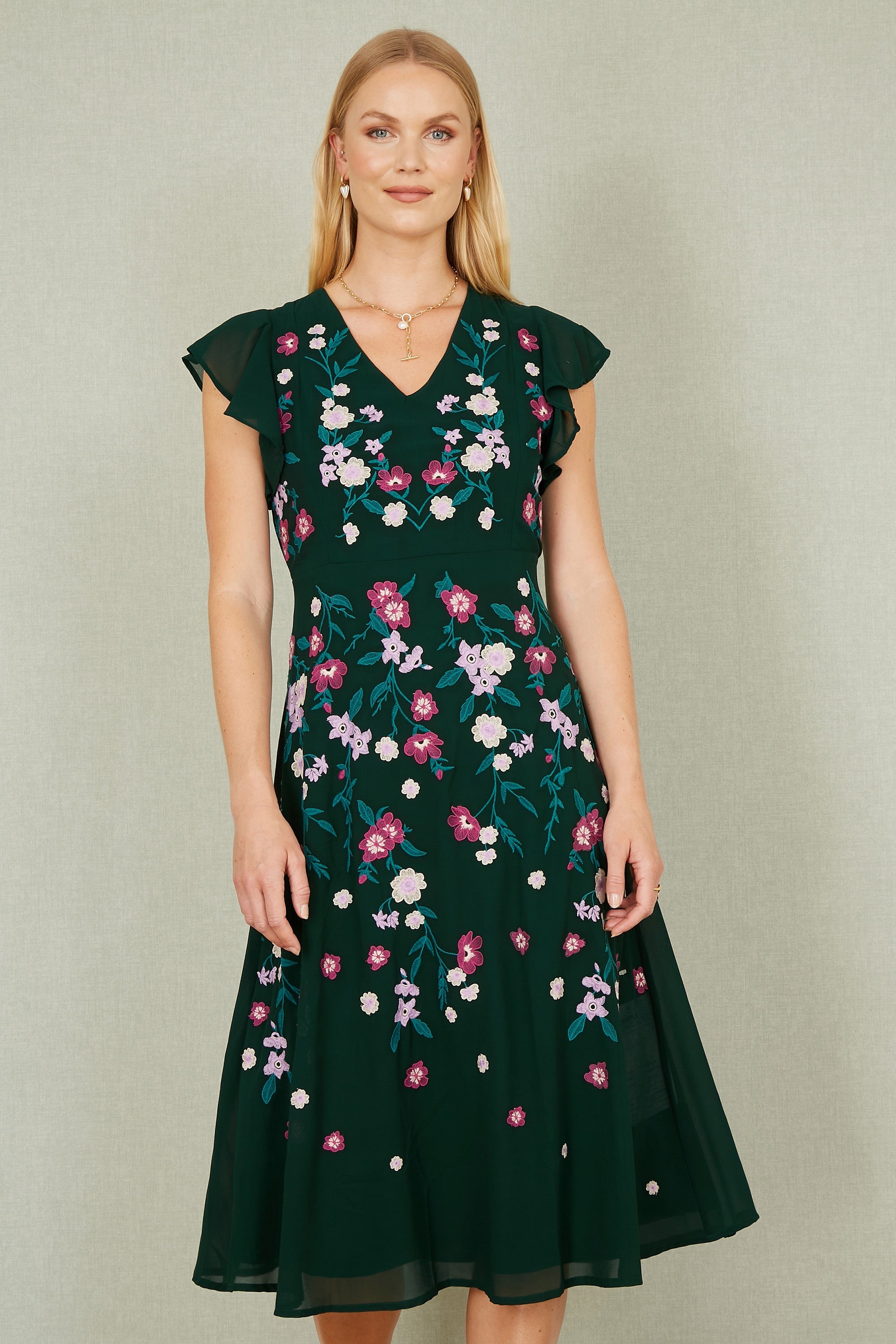 Yumi Green All Over Floral Embroidery Midi Skater Dress - QHA UK