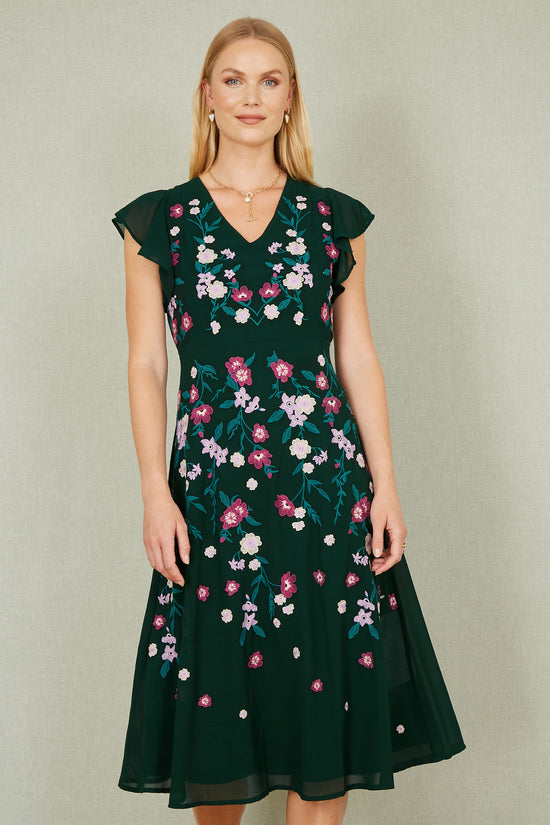 Yumi Green All Over Floral Embroidery Midi Skater Dress - QHA UK