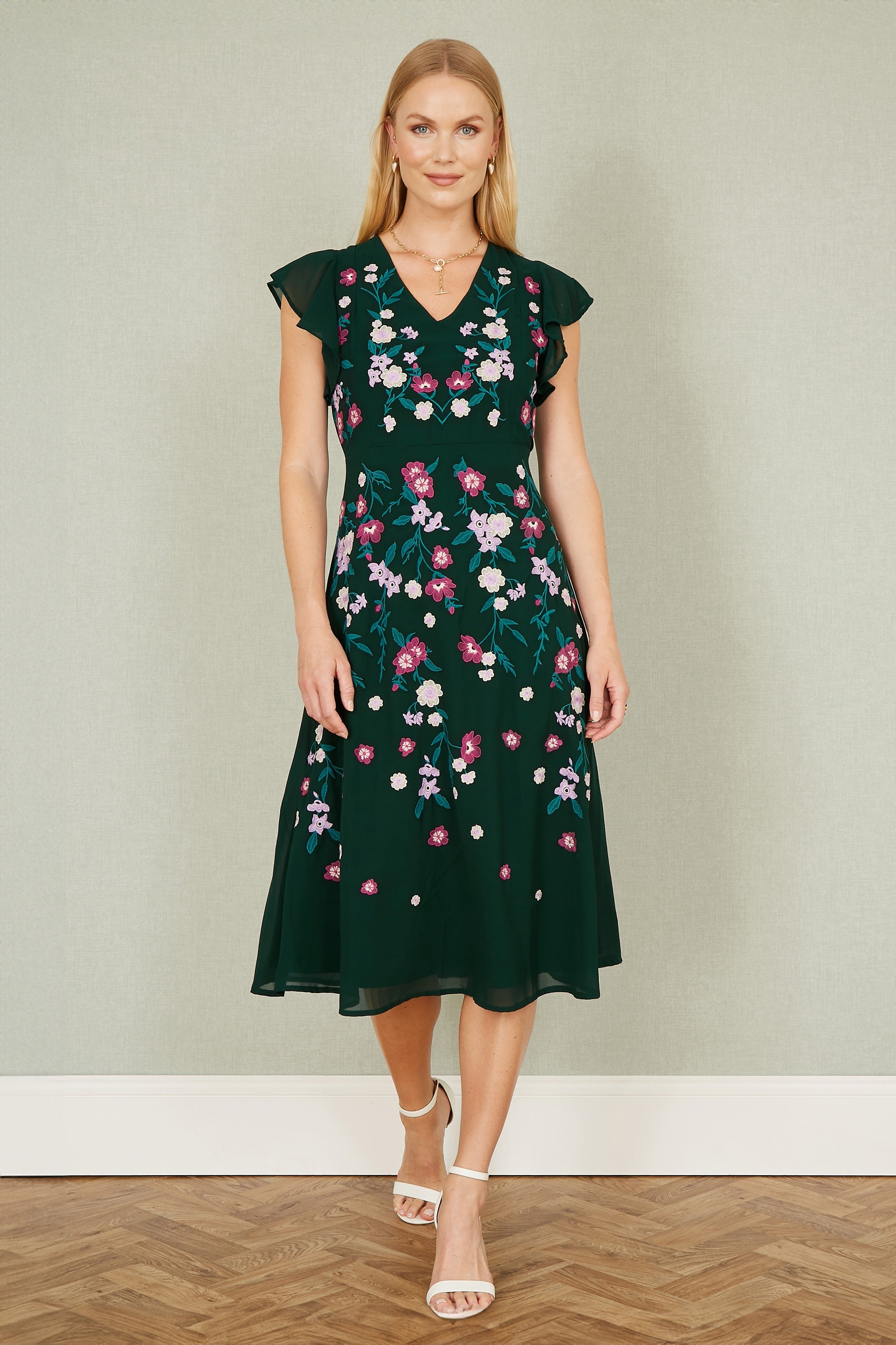 Yumi Green All Over Floral Embroidery Midi Skater Dress - QHA UK
