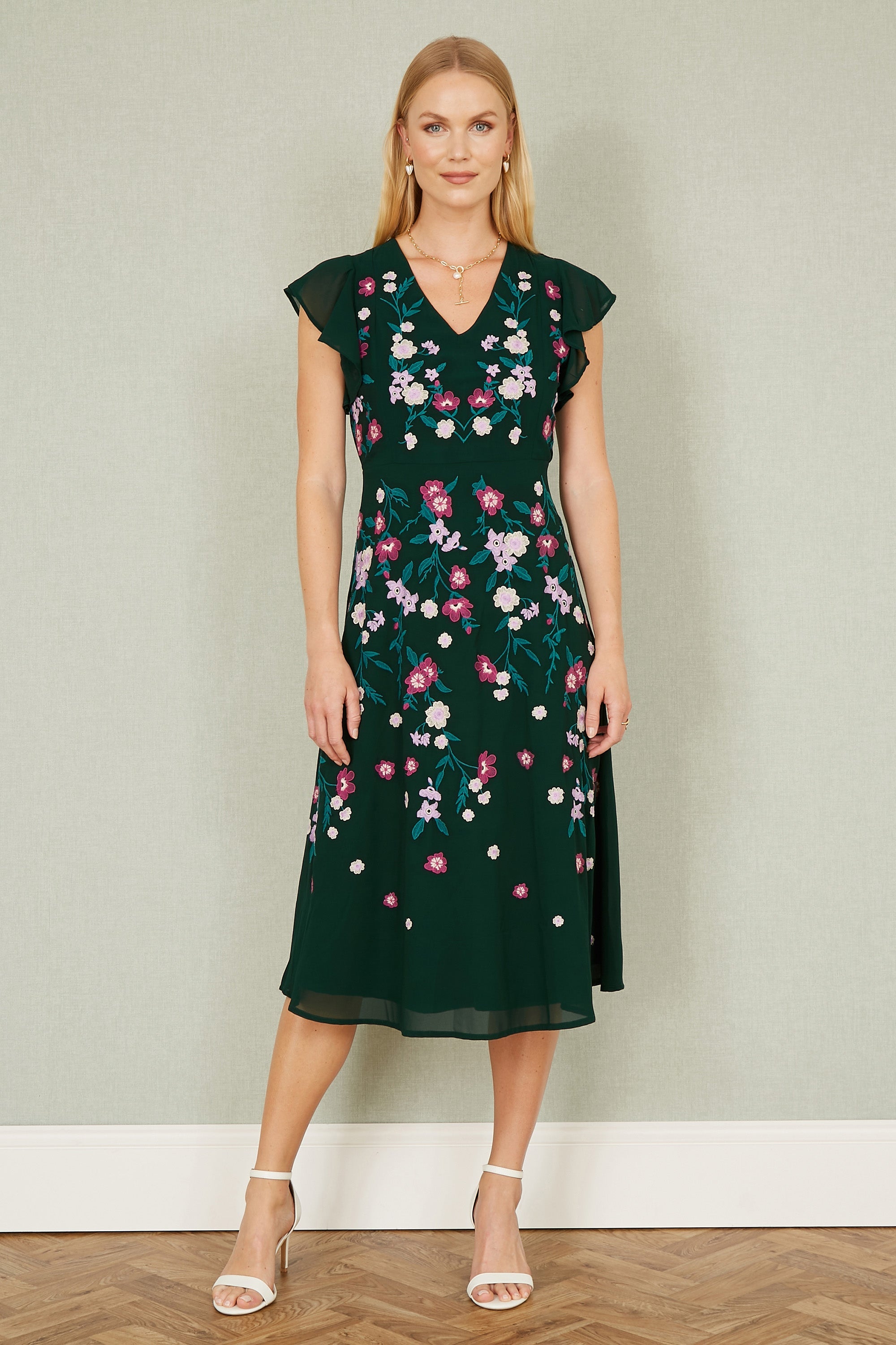 Yumi Green All Over Floral Embroidery Midi Skater Dress - QHA UK