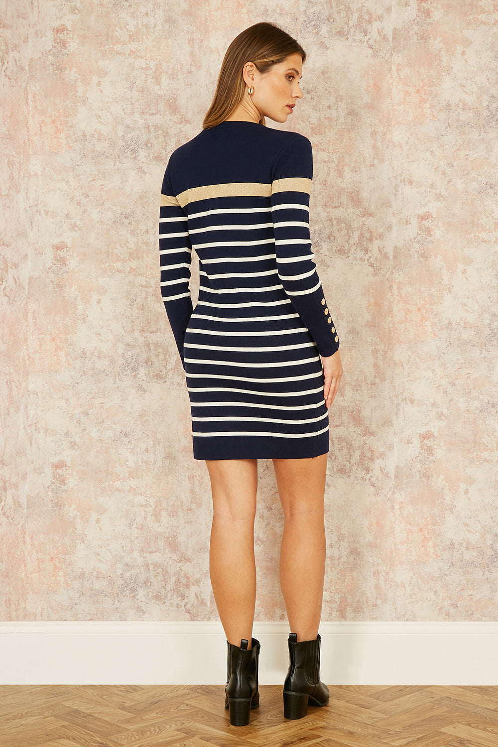 Yumi Navy Striped Knitted Dress With Button Cuff Detail - QHA UK