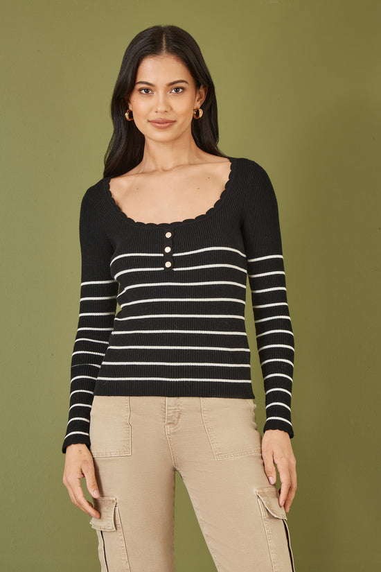 Yumi Black Stripe Rib Knitted Long Sleeve Top With Button Details - QHA UK