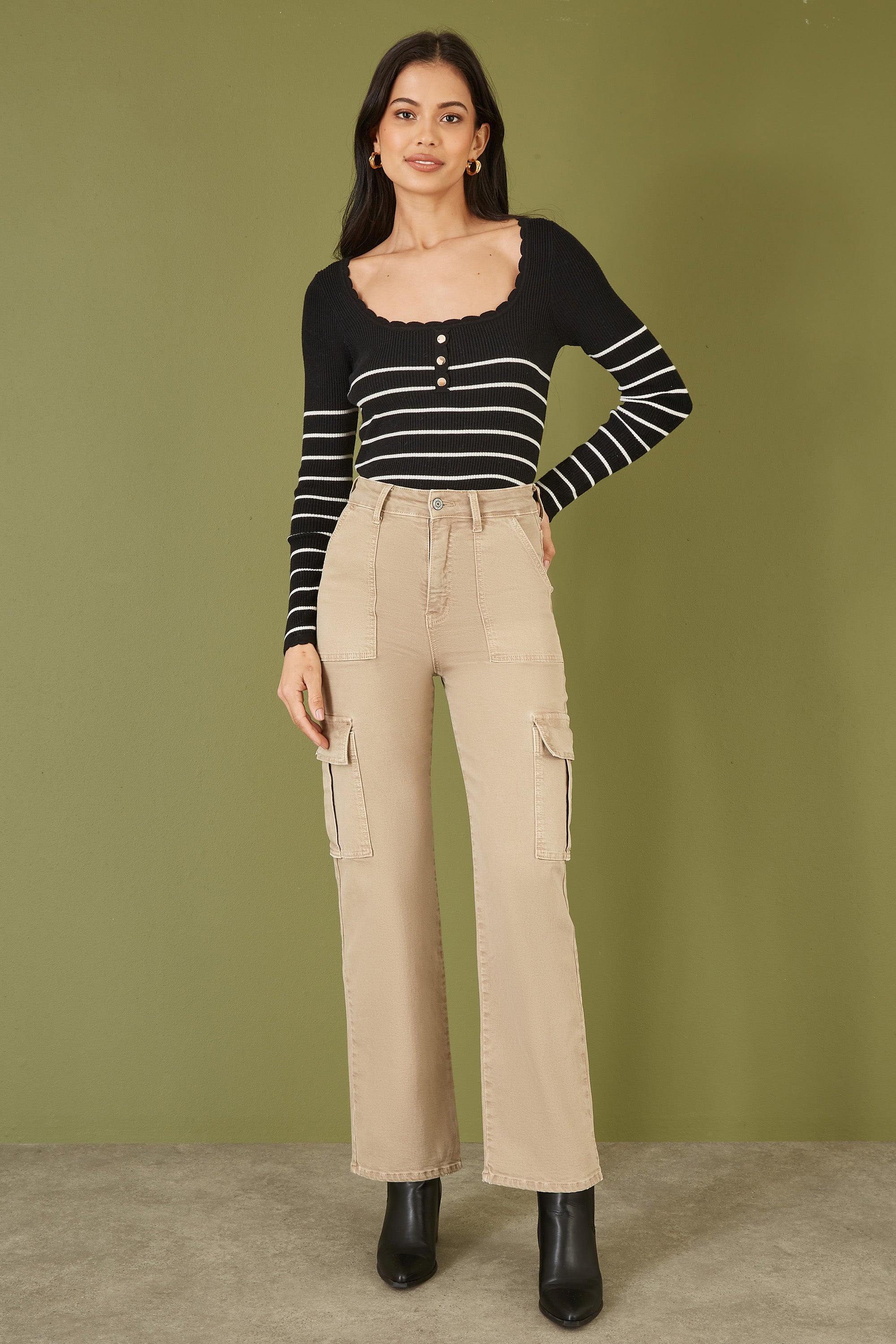 Yumi Black Stripe Rib Knitted Long Sleeve Top With Button Details