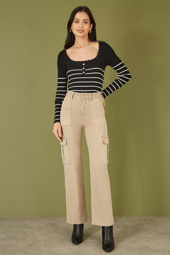 Yumi Black Stripe Rib Knitted Long Sleeve Top With Button Details - QHA UK