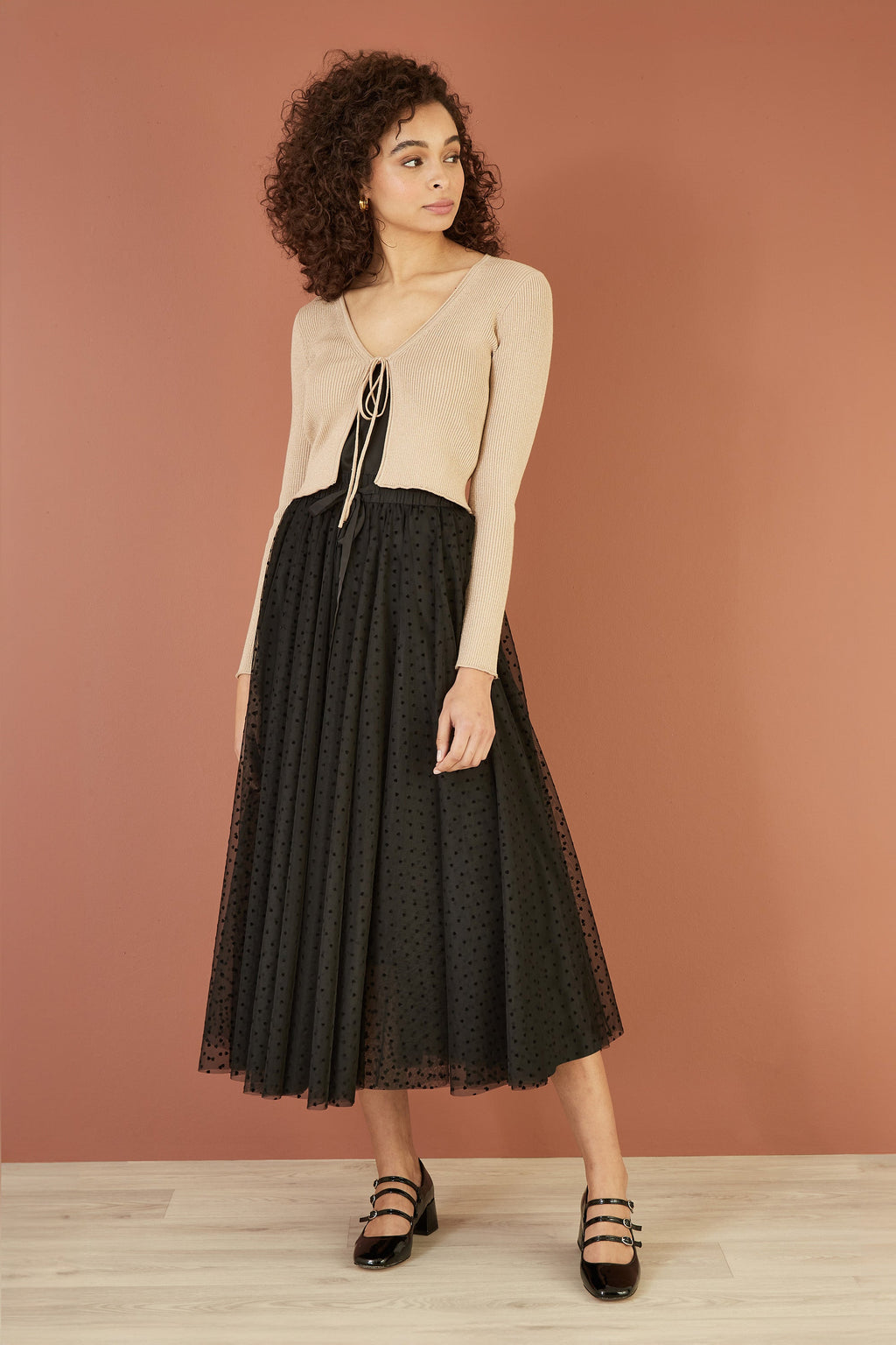 Yumi Gold Metallic Knitted Ribbed Tie Front Bolero - QHA UK