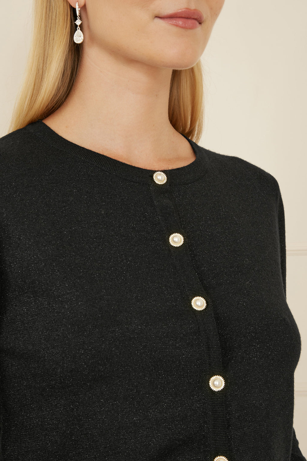 Yumi Black Metallic Knit Cardigan With Pearl Button Details