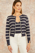 Yumi Navy Striped Sparkle Knitted Cardigan - QHA UK