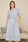 Yumi White and Blue Cotton Broderie Anglaise Midi Shirt Dress - QHA UK