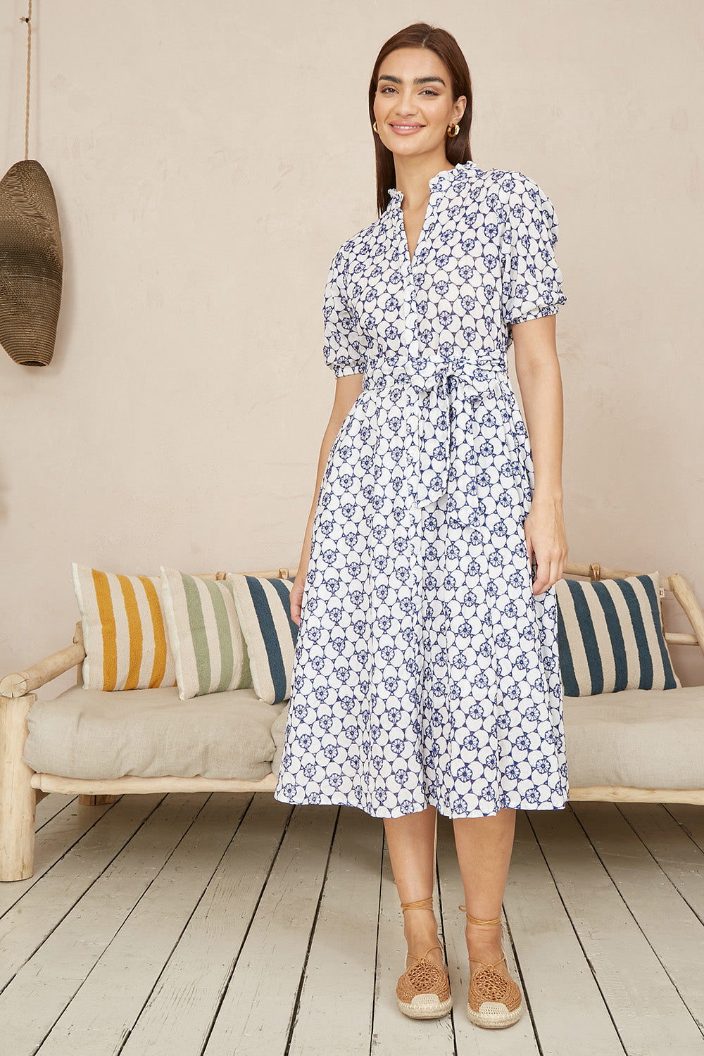 Yumi White and Blue Cotton Broderie Anglaise Midi Shirt Dress - QHA UK