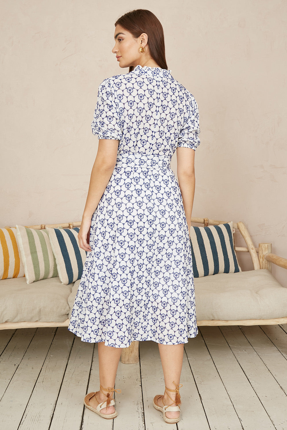 Yumi White and Blue Cotton Broderie Anglaise Midi Shirt Dress - QHA UK